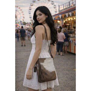 Women’s Brown and White Leather Crossbody Bag with Fringe Accent
